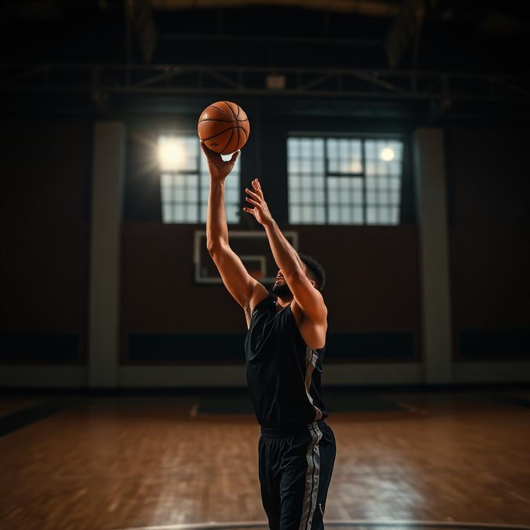 Basketball player rising for a jump shot in a dark gym