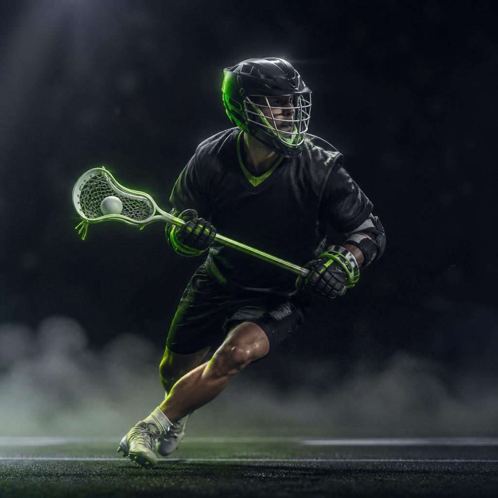 Lacrosse player cradling the ball under stadium lights