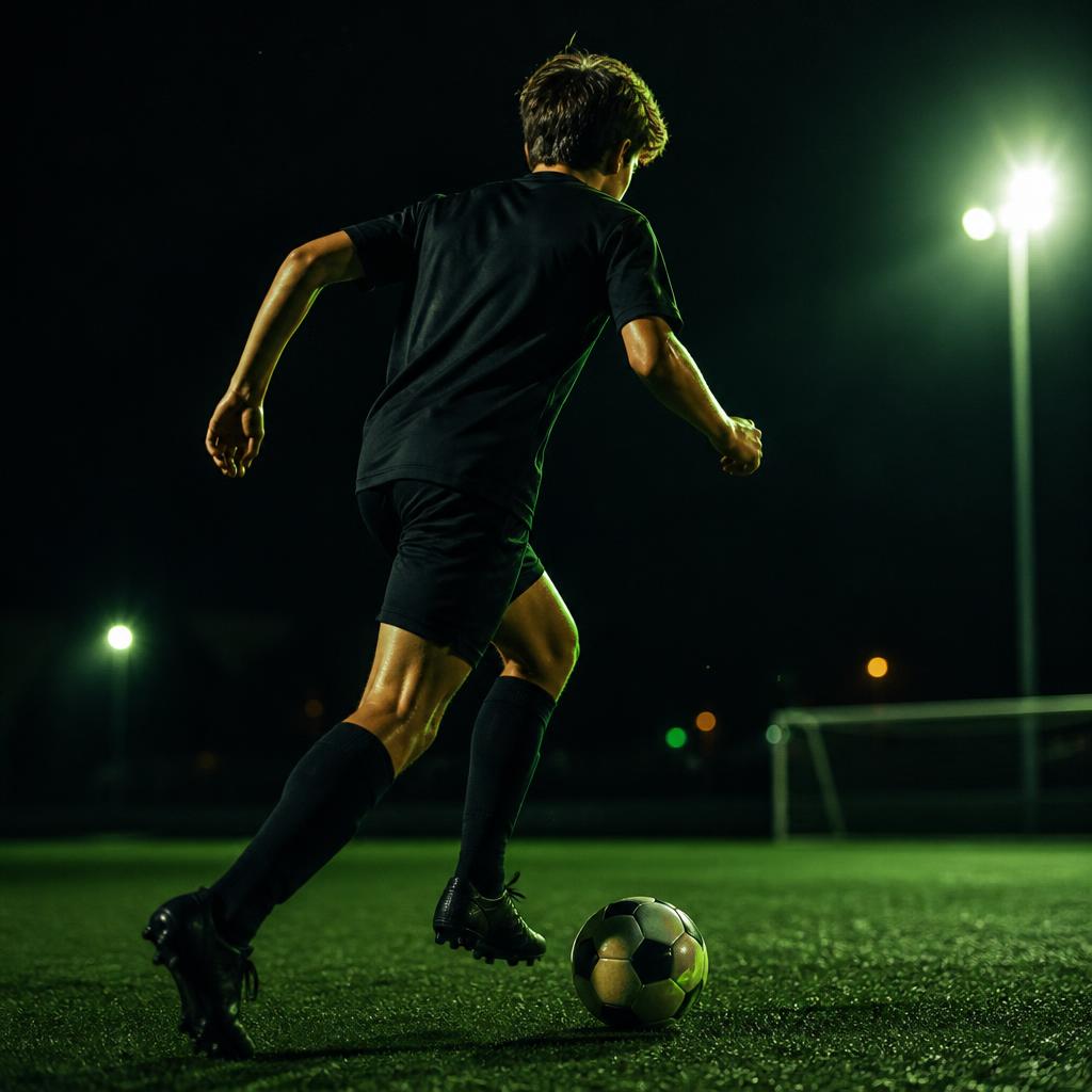 Soccer player dribbling on a floodlit pitch at night